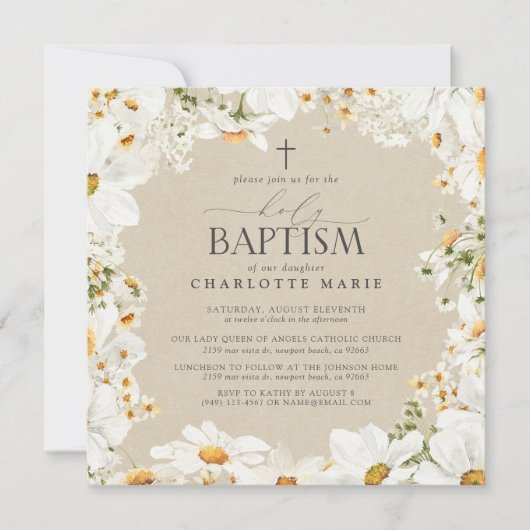 Elegant Heilige Taufe Kreuz Wasserfarbe Daisy Einladung (Vorderseite)