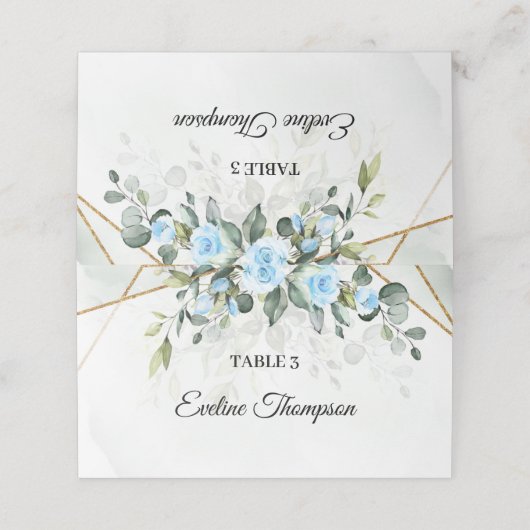 Elegant Hellblaue Blumen Eukalyptus und Gold Platzkarte (Außenseite Aufgefaltet)