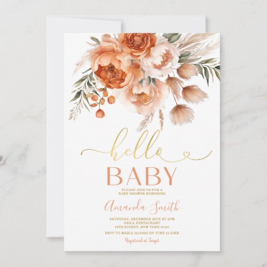 Elegant Hello Baby Burnt Orange Floral Baby Shower Einladung (Vorderseite)