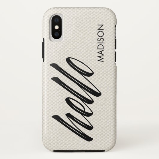 Elegant Hello Script Name Beige Imitate Leinwand Case-Mate iPhone Hülle (Rückseite)