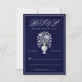 Elegant Heritage Flower Vase Navy Wedding RSVP Karte (Vorderseite)