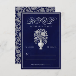 Elegant Heritage Flower Vase Navy Wedding RSVP Karte