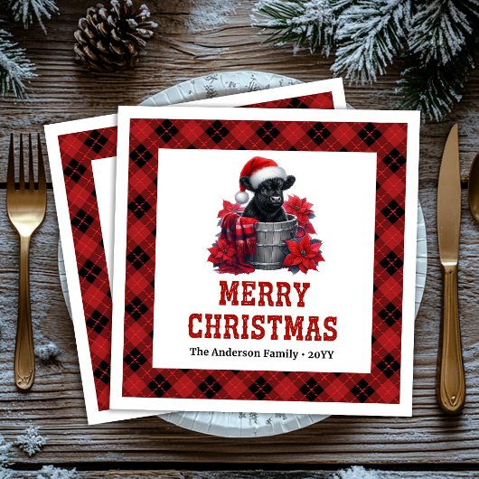 Elegant highland cow red black plaid Xmas napkins Serviette