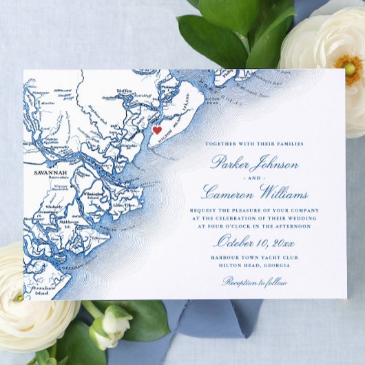 Elegant Hilton Head Island Map Navy Blue Wedding Einladung