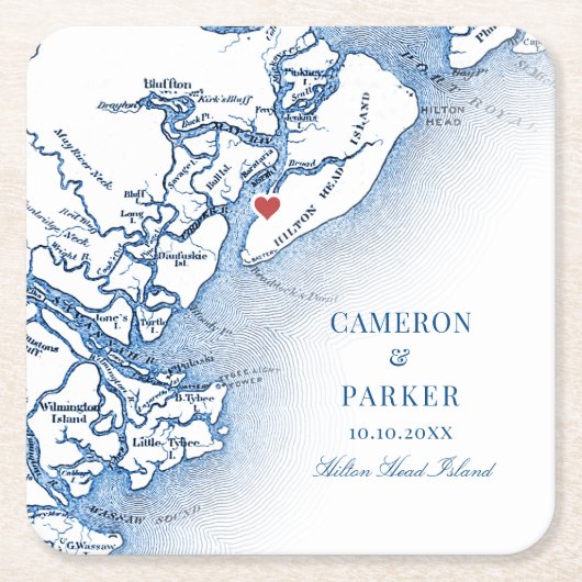 Elegant Hilton Head Island Map Navy Blue Wedding Rechteckiger Pappuntersetzer (Vorderseite)
