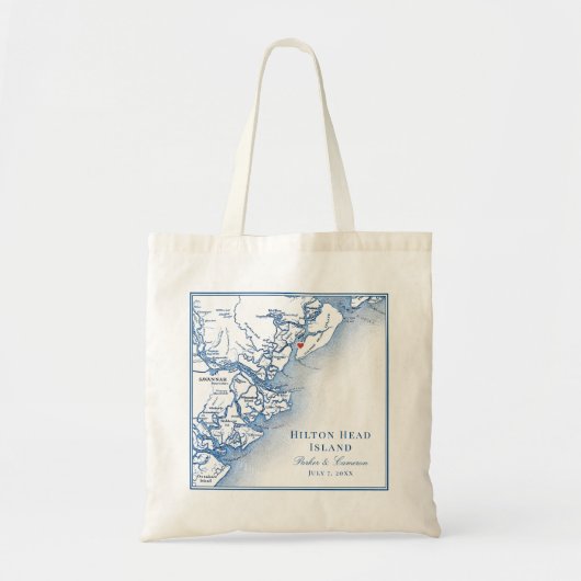 Elegant Hilton Head Map Navy Blue Wedding Tragetasche (Vorne)