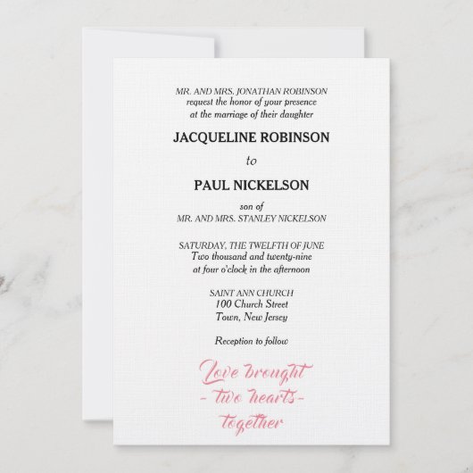 Elegant Hochzeit Pink White Two Hearts Einladung (Vorderseite)