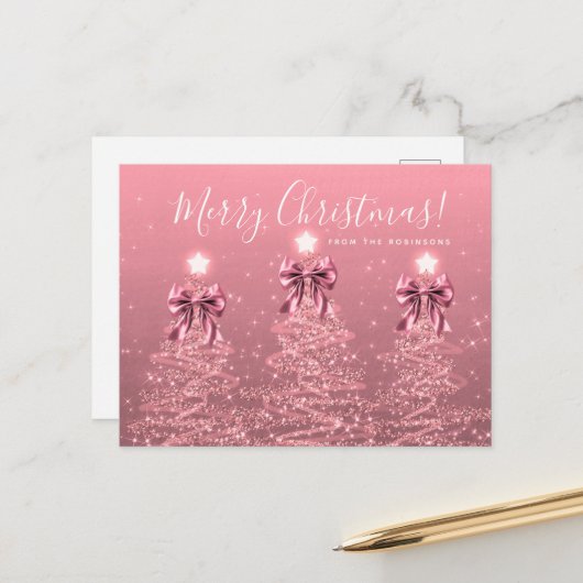 Elegant Holiday Blush Pink Christmas Trees Bows Postkarte (Vorderseite/Rückseite Beispiel)