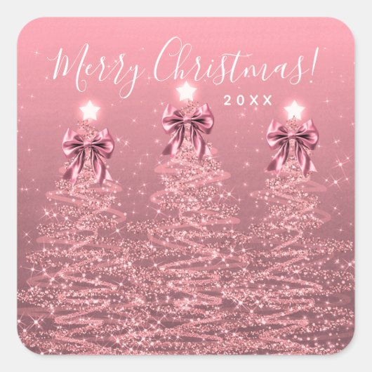 Elegant Holiday Blush Pink Christmas Trees Bows Quadratischer Aufkleber (Vorderseite)