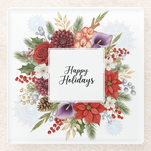 Elegant Holiday Floral Wreath Happy Holidays Glasuntersetzer (Vorderseite)