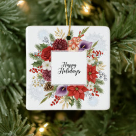 Elegant Holiday Floral Wreath Happy Holidays Keramikornament