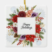 Elegant Holiday Floral Wreath Happy Holidays Keramikornament (Vorderseite)