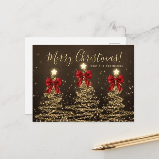 Elegant Holiday Gold Christmas Trees w/ Red Bows Postkarte (Vorderseite/Rückseite Beispiel)