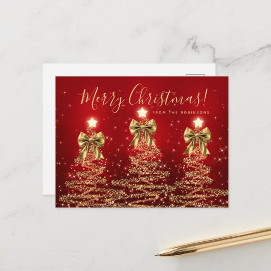 Elegant Holiday Gold Red Christmas Trees w/ Bows Postkarte (Vorderseite/Rückseite Beispiel)