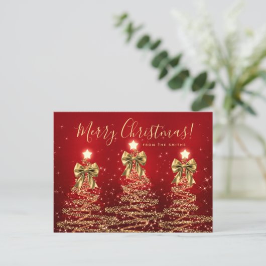 Elegant Holiday Gold Red Christmas Trees w/ Bows Postkarte (Stehend Vorderseite)