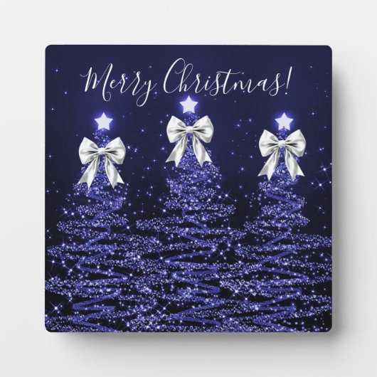 Elegant Holiday Navy Christmas Trees Silver Bows Fotoplatte (Vorderseite)
