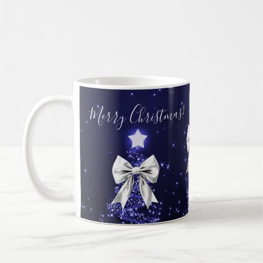 Elegant Holiday Navy Christmas Trees Silver Bows Kaffeetasse (Links)