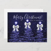 Elegant Holiday Navy Christmas Trees Silver Bows Postkarte (Vorne/Hinten)