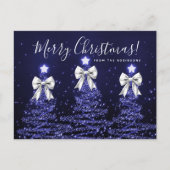 Elegant Holiday Navy Christmas Trees Silver Bows Postkarte (Vorderseite)