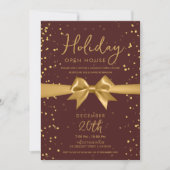 Elegant Holiday Open House Gold Bow Burgundy Einladung (Vorderseite)