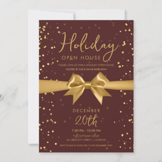 Elegant Holiday Open House Gold Bow Burgundy Einladung (Vorderseite)
