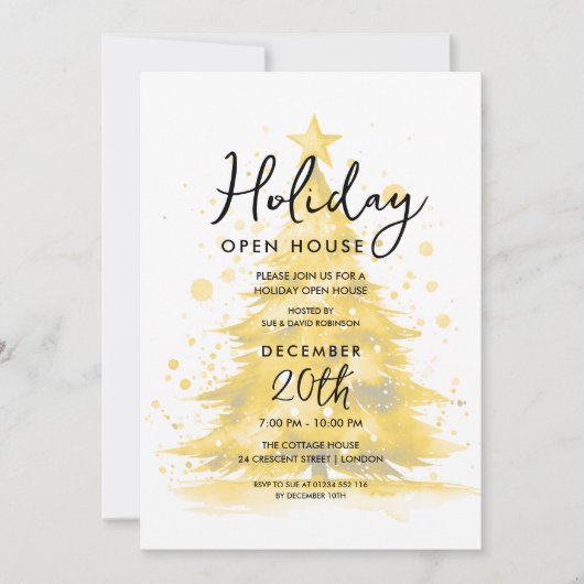 Elegant Holiday Open House Gold Hand Painted Tree Einladung (Vorderseite)