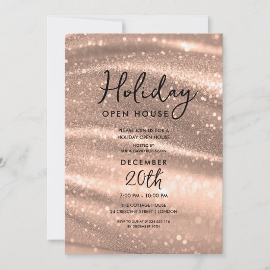 Elegant Holiday Open House Rose Gold Sparkle Glam Einladung (Vorderseite)
