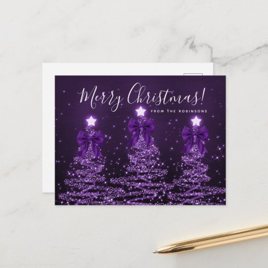 Elegant Holiday Purple Christmas Trees Bows Postkarte (Vorderseite/Rückseite Beispiel)