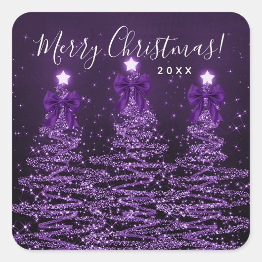 Elegant Holiday Purple Christmas Trees Bows  Quadratischer Aufkleber (Vorderseite)