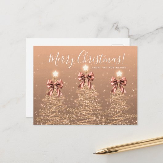 Elegant Holiday Rose Gold Christmas Trees Bows Postkarte (Vorderseite/Rückseite Beispiel)