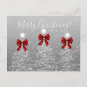 Elegant Holiday Silver Christmas Trees Red Bows Postkarte (Vorderseite)