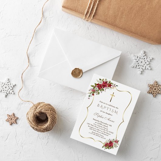 Elegant Holiday Xmas Red White Poinsettia Taufe Einladung