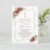 Elegant Holiday Xmas Red White Poinsettia Taufe Einladung (Stehend Vorderseite)
