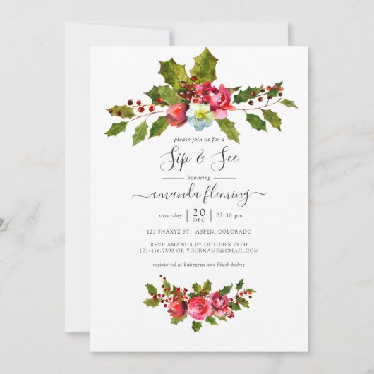 Elegant Holly and Ivy Christmas Sip and See Charm Einladung (Vorderseite)