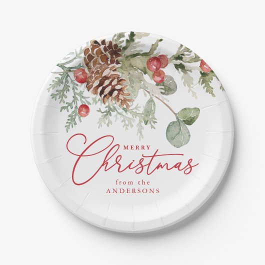 Elegant Holly Berries and Pine Cones Weihnachten Pappteller (Vorderseite)