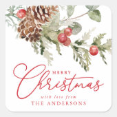 Elegant Holly Berries and Pine Cones Weihnachten Quadratischer Aufkleber (Vorderseite)