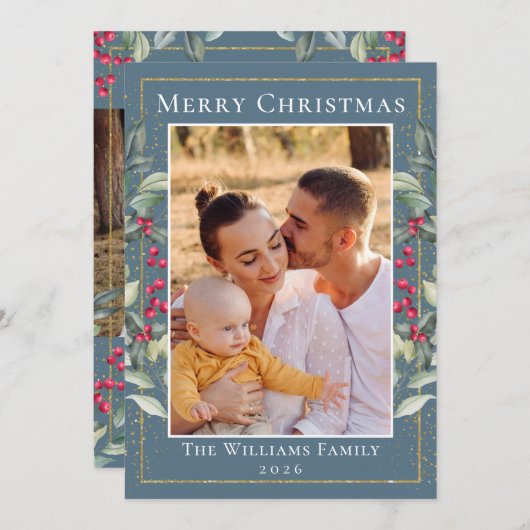 Elegant Holly Berries Blue Gray Weihnachten 2 Foto (Vorne/Hinten)