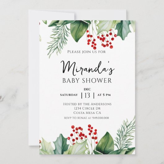 Elegant Holly Berries Christmas Baby Shower Einladung (Vorderseite)