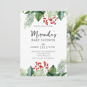 Elegant Holly Berries Christmas Baby Shower Einladung (Stehend Vorderseite)