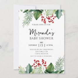 Elegant Holly Berries Christmas Baby Shower Einladung