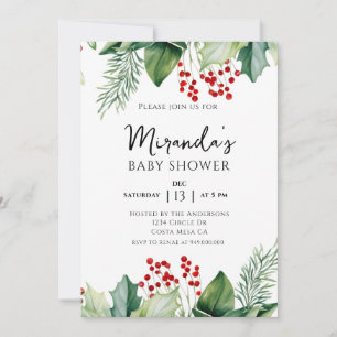 Elegant Holly Berries Christmas Baby Shower Einladung