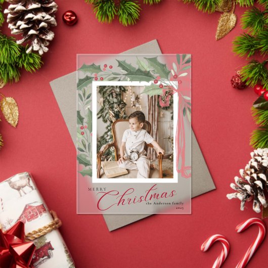 Elegant Holly Berries Family Photo Christmas Card Acryleinladungen (Insitu (Feiertag))