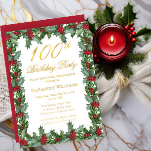 Elegant Holly Berries Frame 100. Geburtstagspart Folieneinladung