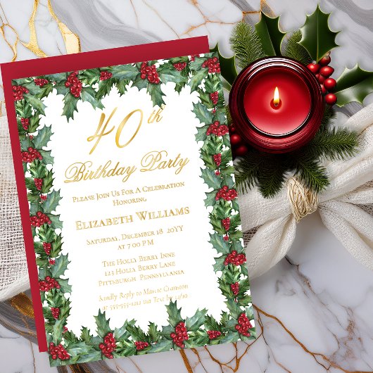 Elegant Holly | Berries Frame 40. Geburtstag Party Folieneinladung