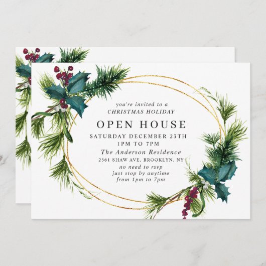 Elegant Holly Berry CHRISTMAS HOLIDAY OPEN HOUSE Einladung (Vorne/Hinten)
