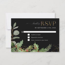Elegant Holly Berry n Pine Black n Gold Wedding RSVP Karte