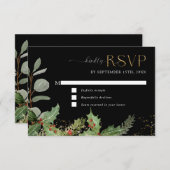 Elegant Holly Berry n Pine Black n Gold Wedding RSVP Karte (Vorne/Hinten)