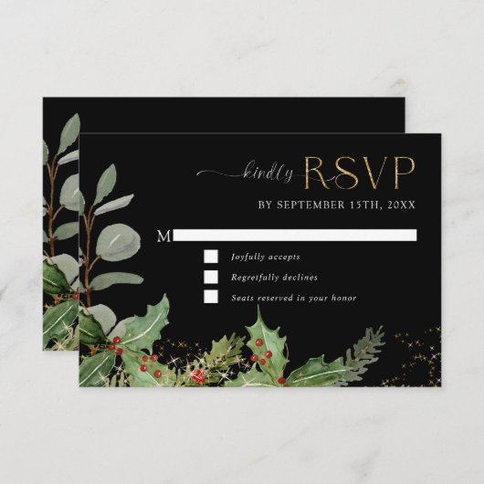 Elegant Holly Berry n Pine Black n Gold Wedding RSVP Karte (Vorne/Hinten)