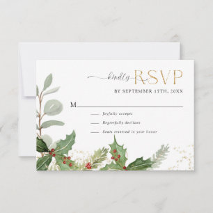Elegant Holly Berry n Pine Gold Stars Hochzeit RSVP Karte