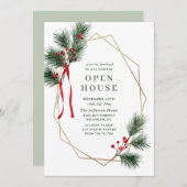 Elegant Holly Berry Pine Fir Christmas Open House Einladung (Vorne/Hinten)